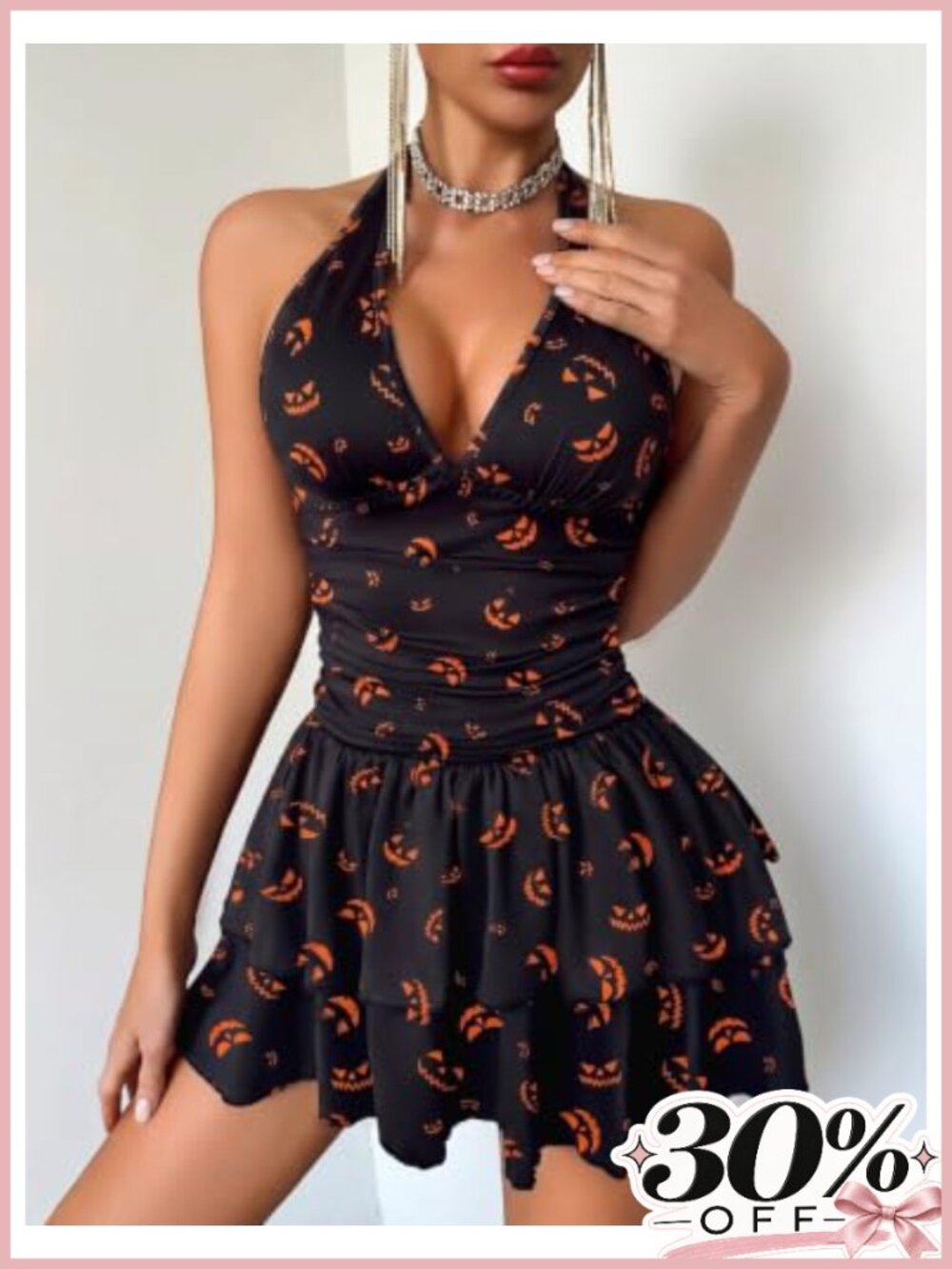 Women's V Neck Halter Mini Dress Short Party Dress - Picture 5 of 5
